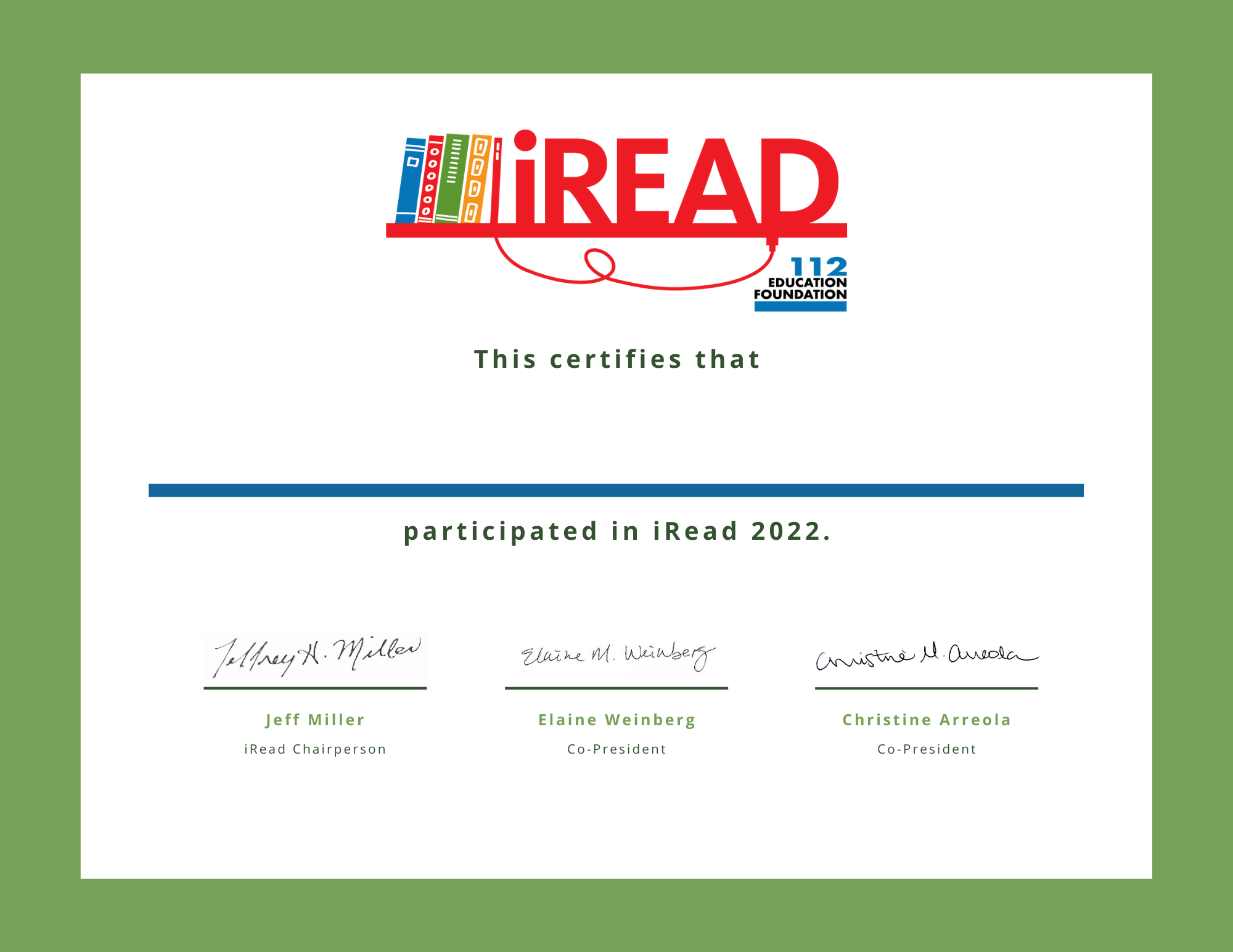 2022 iRead Reader Participant Certificate